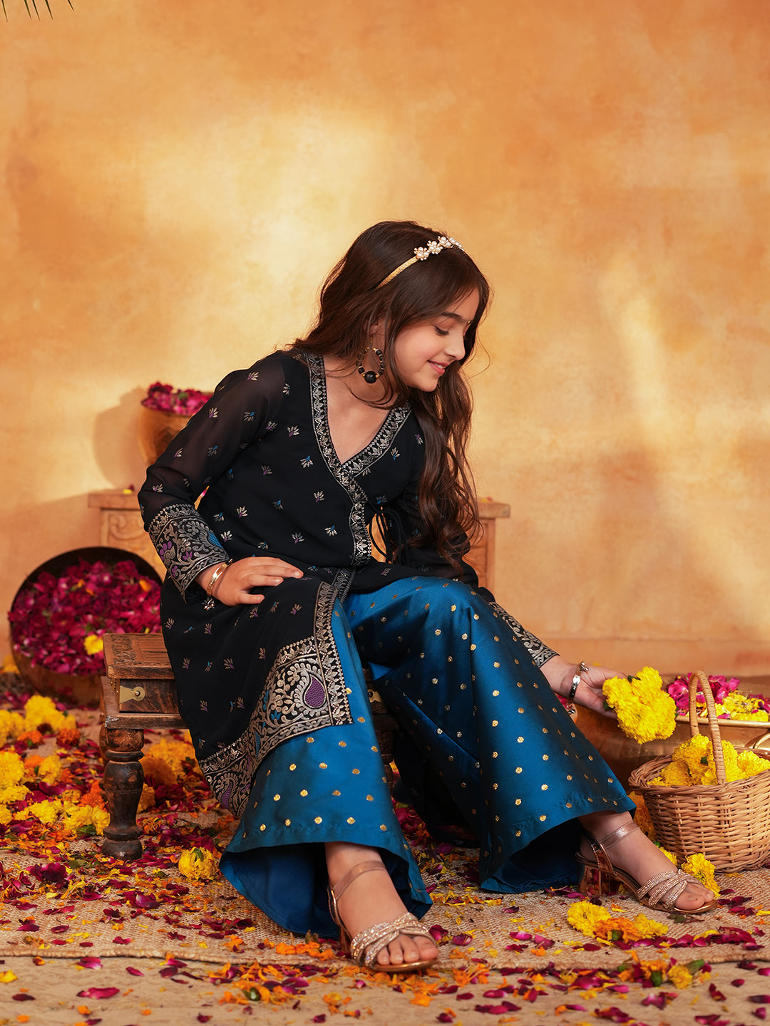 Pspeaches Girls Blue & Black Ethnic Foil printed Angrakha Kurta With Palazzo Set ( Sku-Ks-Blueborder )
