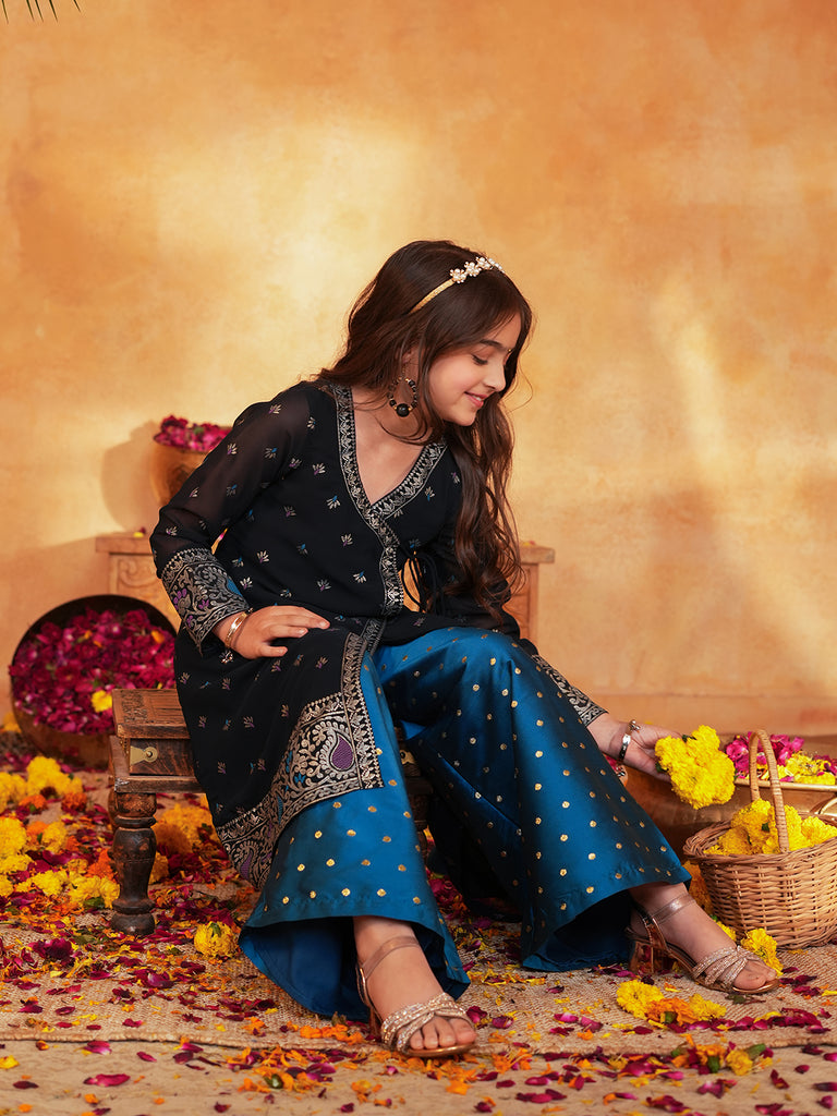 Pspeaches Girls Blue & Black Ethnic Foil printed Angrakha Kurta With Palazzo Set ( Sku-Ks-Blueborder )