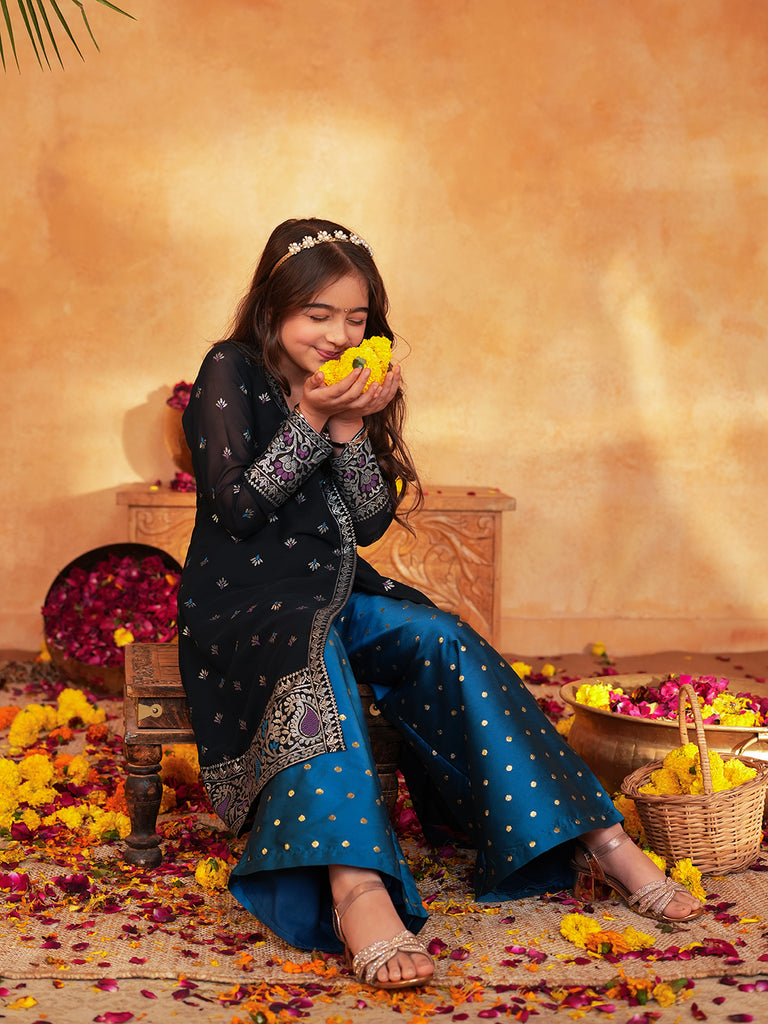 Pspeaches Girls Blue & Black Ethnic Foil printed Angrakha Kurta With Palazzo Set ( Sku-Ks-Blueborder )