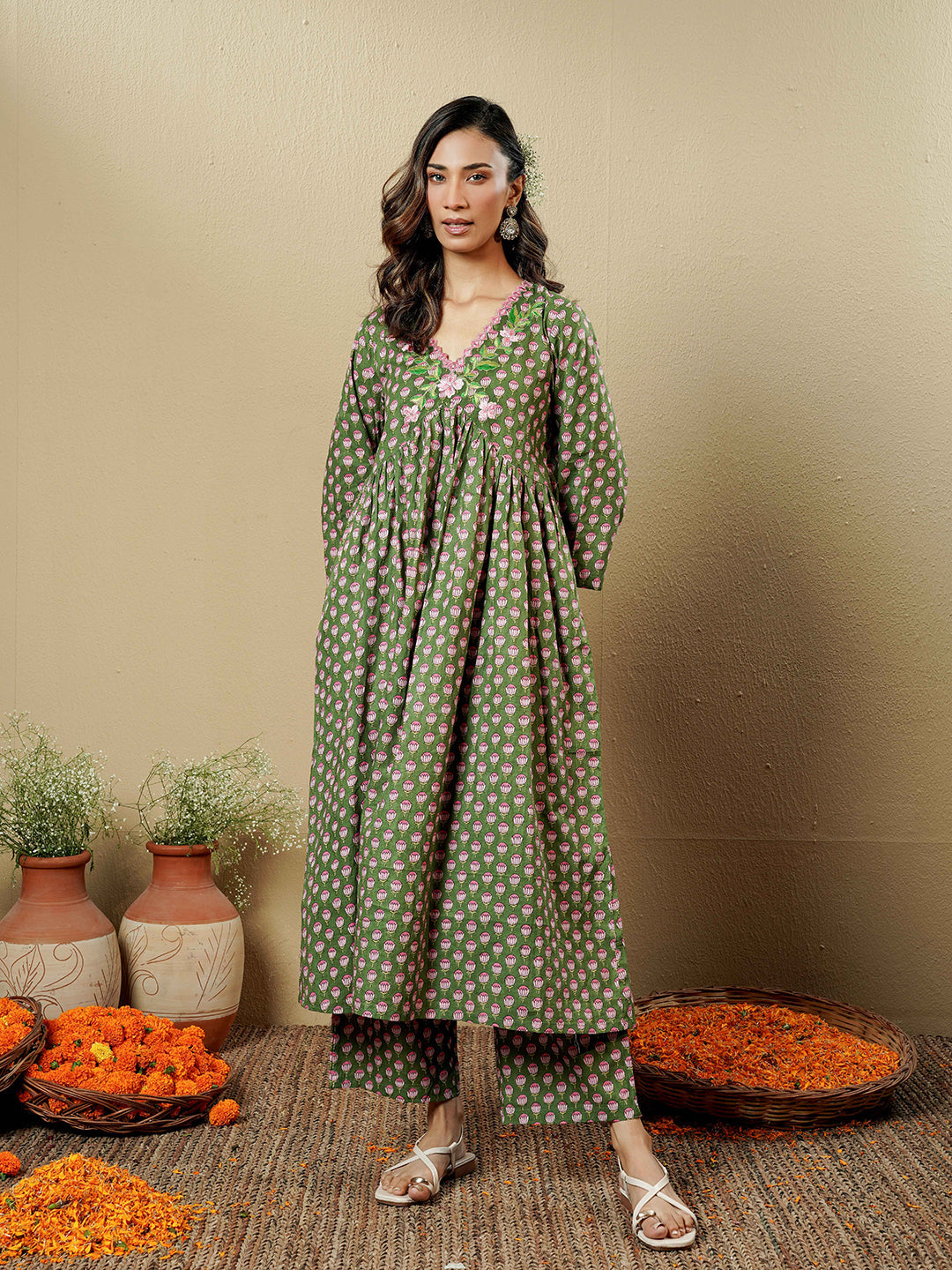 Green Lotus Embroidered Cotton Kurta Set
