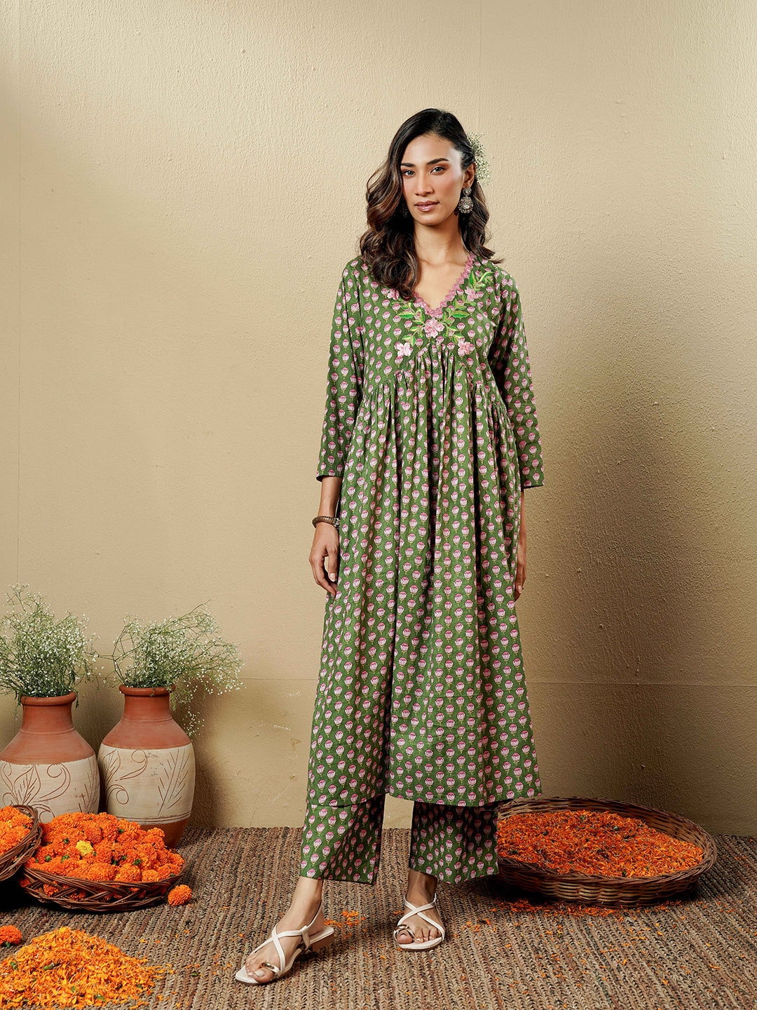 Green Lotus Embroidered Cotton Kurta Set