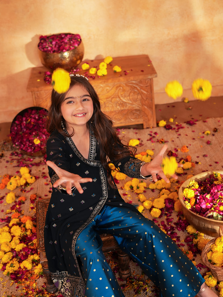 Pspeaches Girls Blue & Black Ethnic Foil printed Angrakha Kurta With Palazzo Set ( Sku-Ks-Blueborder )