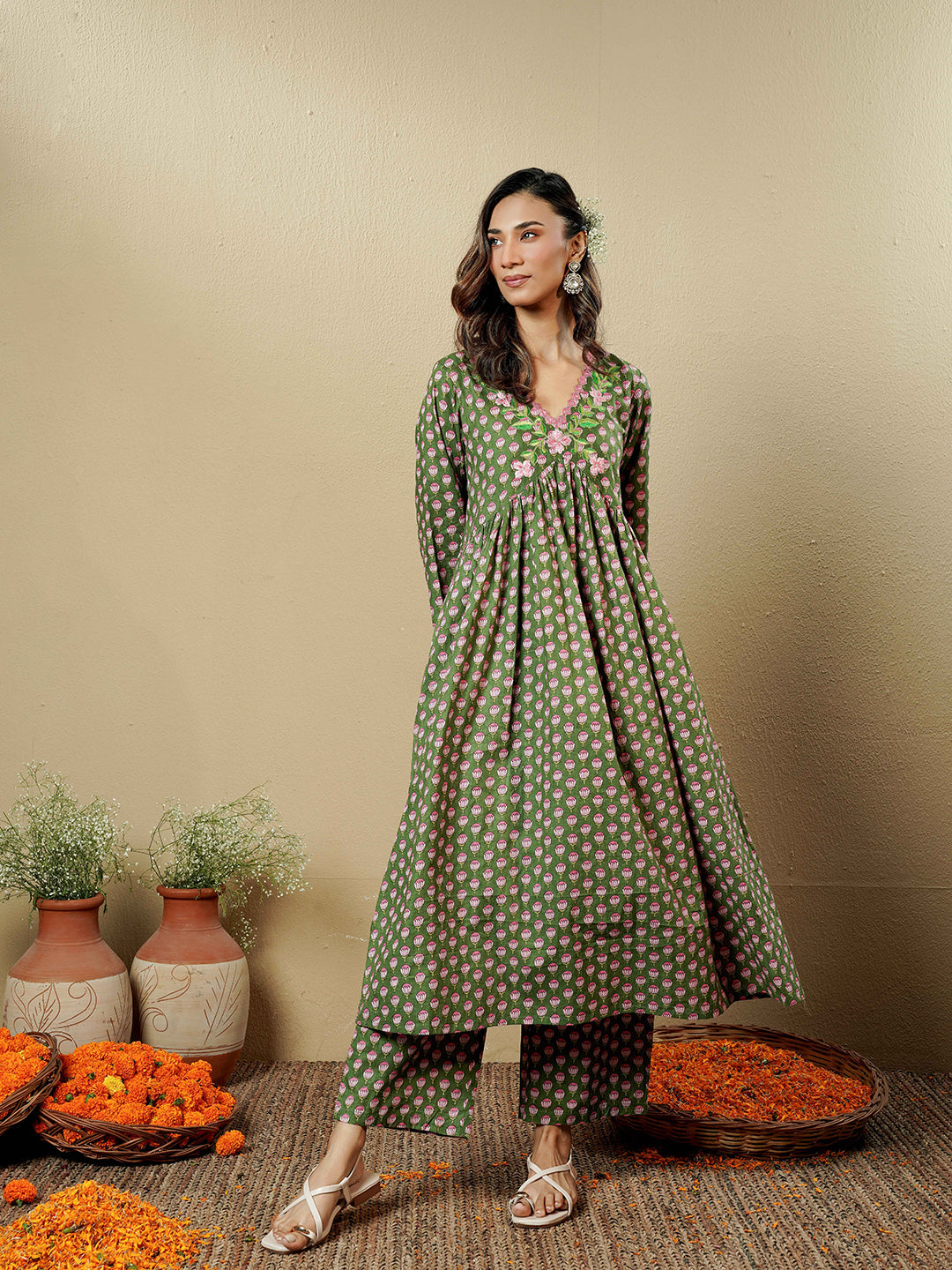 Green Lotus Embroidered Cotton Kurta Set