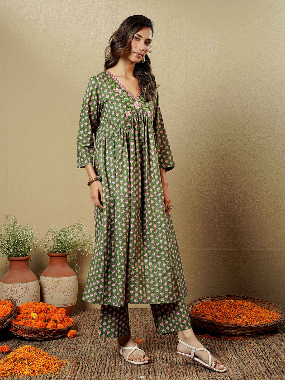 Green Lotus Embroidered Cotton Kurta Set