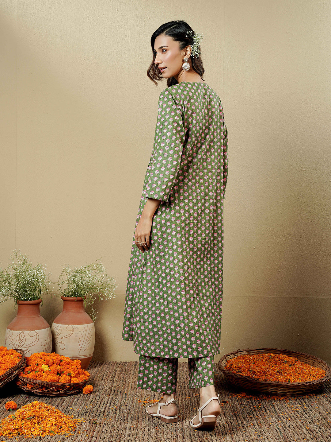 Green Lotus Embroidered Cotton Kurta Set