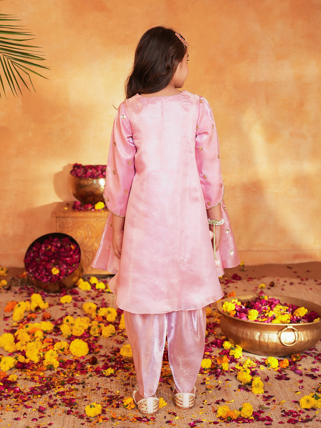 Pspeaches Girls Pink Ethnic Embroidered Soft Organza A-Line Kurta With Dhoti Pant Set ( Sku-Dh-Pinkjimmy )
