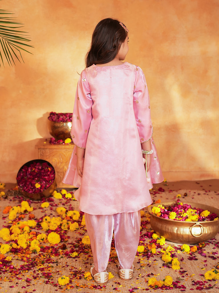 Pspeaches Girls Pink Ethnic Embroidered Soft Organza A-Line Kurta With Dhoti Pant Set ( Sku-Dh-Pinkjimmy )
