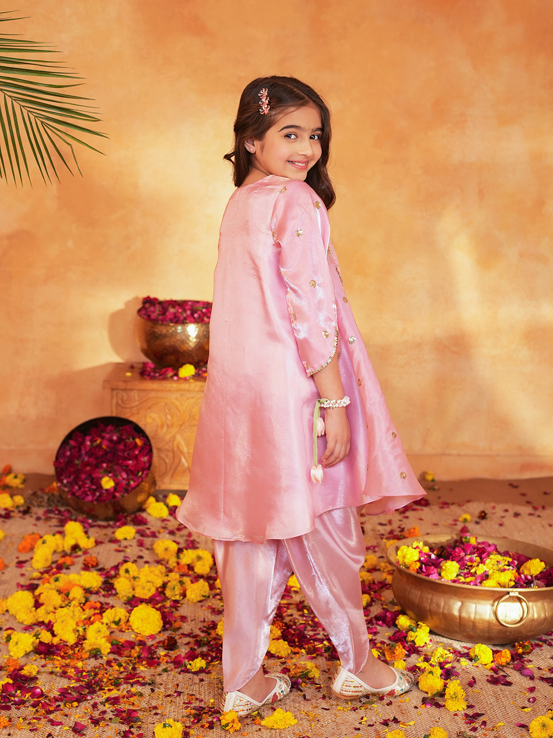 Pspeaches Girls Pink Ethnic Embroidered Soft Organza A-Line Kurta With Dhoti Pant Set ( Sku-Dh-Pinkjimmy )