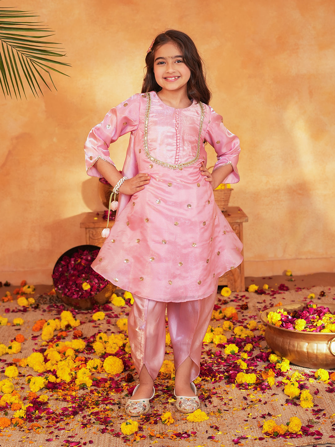 Pspeaches Girls Pink Ethnic Embroidered Soft Organza A-Line Kurta With Dhoti Pant Set ( Sku-Dh-Pinkjimmy )