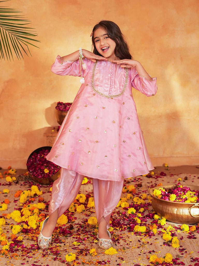 Pspeaches Girls Pink Ethnic Embroidered Soft Organza A-Line Kurta With Dhoti Pant Set ( Sku-Dh-Pinkjimmy )