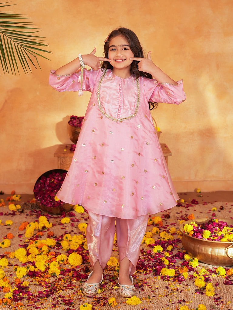 Pspeaches Girls Pink Ethnic Embroidered Soft Organza A-Line Kurta With Dhoti Pant Set ( Sku-Dh-Pinkjimmy )