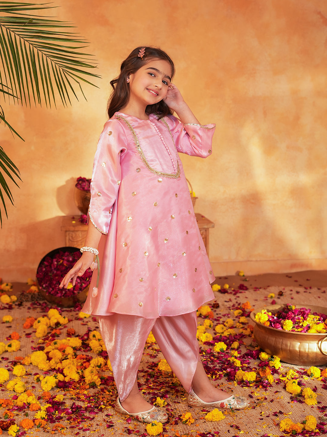 Pspeaches Girls Pink Ethnic Embroidered Soft Organza A-Line Kurta With Dhoti Pant Set ( Sku-Dh-Pinkjimmy )