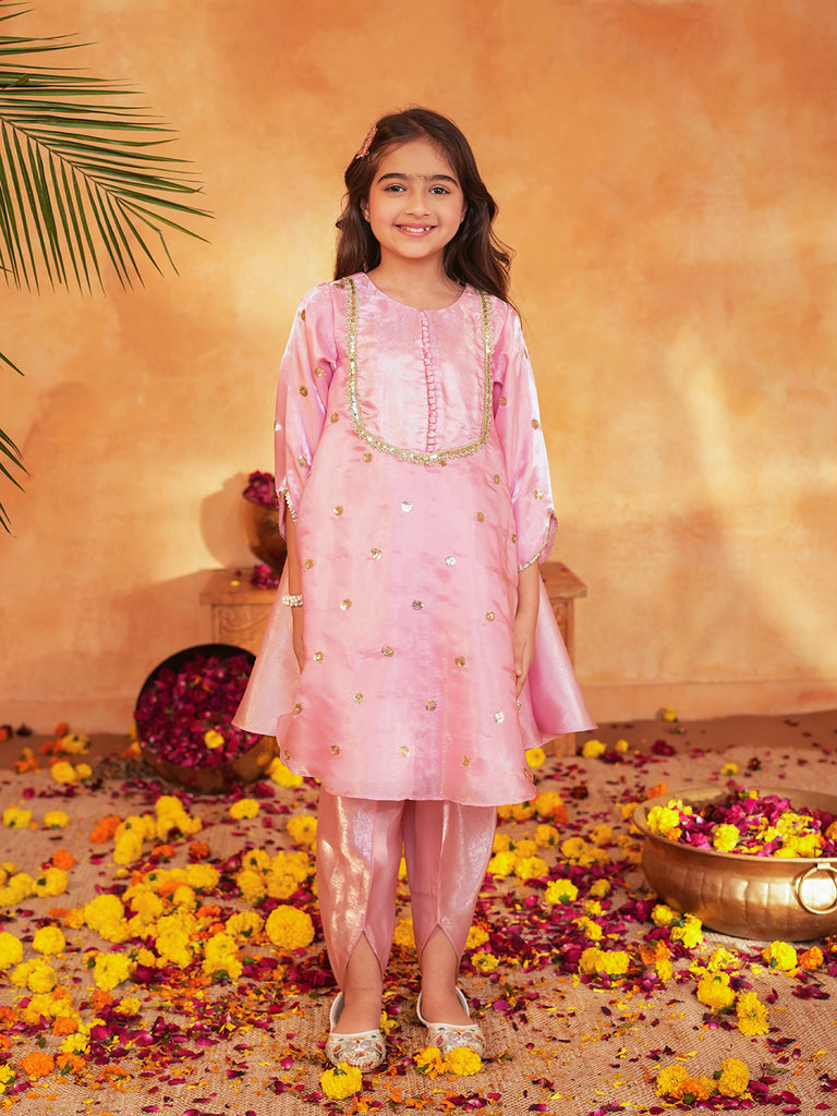 Pspeaches Girls Pink Ethnic Embroidered Soft Organza A-Line Kurta With Dhoti Pant Set ( Sku-Dh-Pinkjimmy )