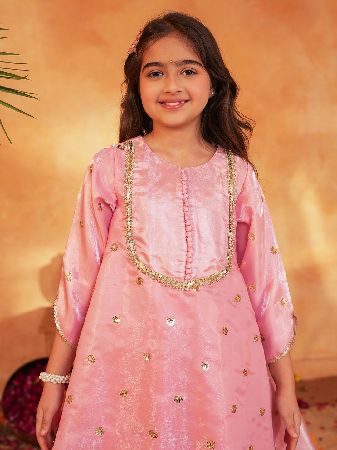 Pspeaches Girls Pink Ethnic Embroidered Soft Organza A-Line Kurta With Dhoti Pant Set ( Sku-Dh-Pinkjimmy )