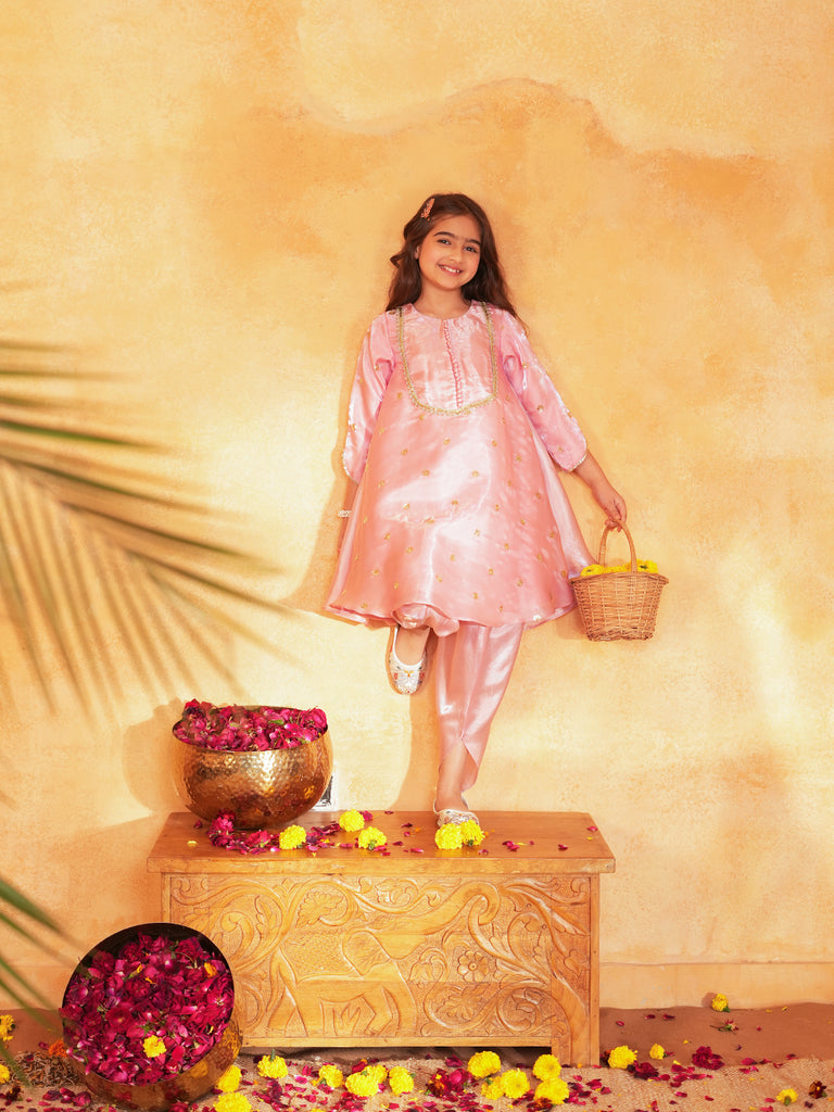 Pspeaches Girls Pink Ethnic Embroidered Soft Organza A-Line Kurta With Dhoti Pant Set ( Sku-Dh-Pinkjimmy )