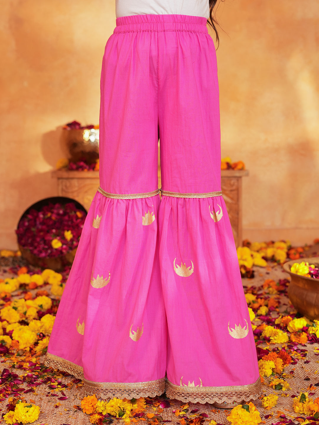 Pspeaches Girls Pink Ethnic Foil Print Cotton A-Line Kurta & Sharara With Dupatta ( Sku-Sha-Pinkmoon )