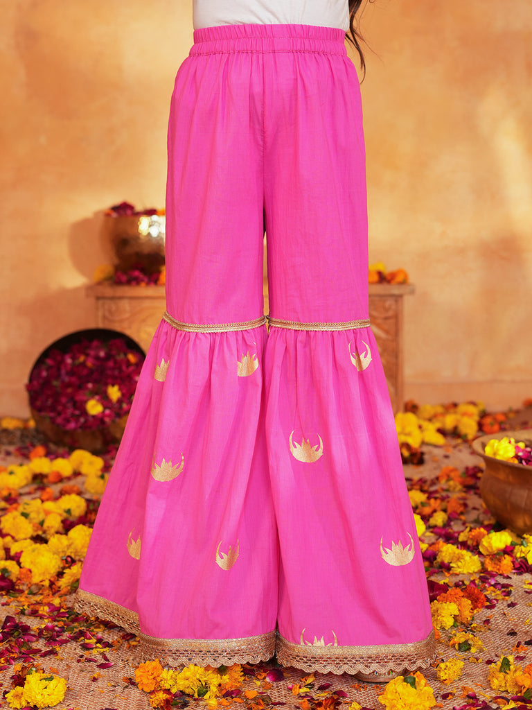Pspeaches Girls Pink Ethnic Foil Print Cotton A-Line Kurta & Sharara With Dupatta ( Sku-Sha-Pinkmoon )
