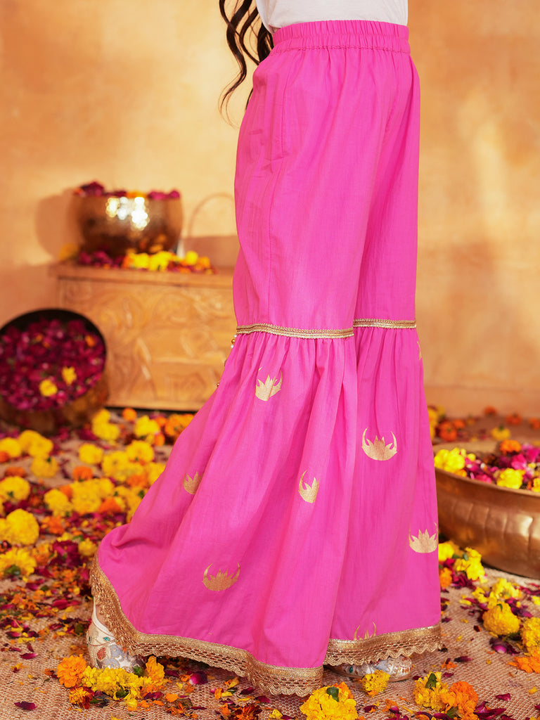 Pspeaches Girls Pink Ethnic Foil Print Cotton A-Line Kurta & Sharara With Dupatta ( Sku-Sha-Pinkmoon )