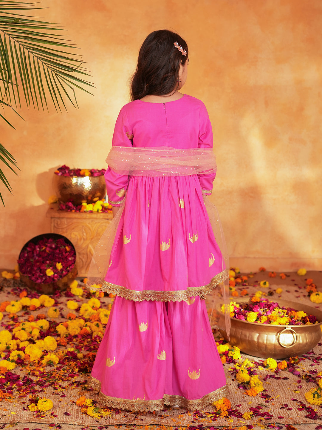 Pspeaches Girls Pink Ethnic Foil Print Cotton A-Line Kurta & Sharara With Dupatta ( Sku-Sha-Pinkmoon )