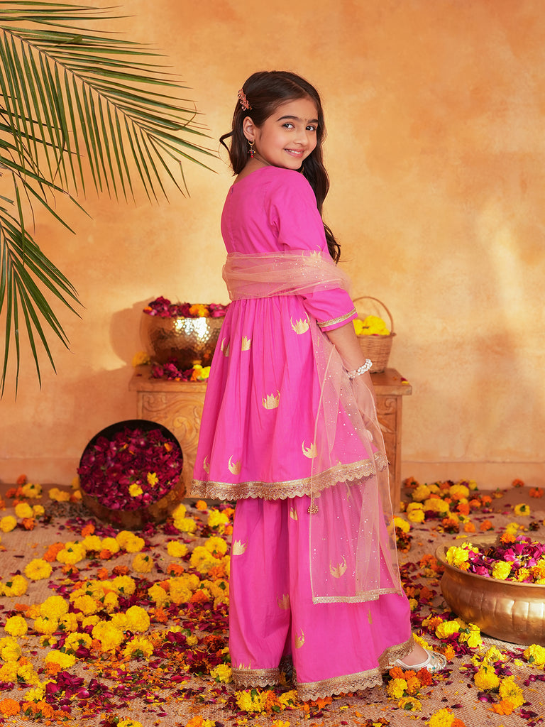 Pspeaches Girls Pink Ethnic Foil Print Cotton A-Line Kurta & Sharara With Dupatta ( Sku-Sha-Pinkmoon )