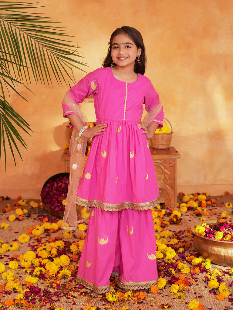 Pspeaches Girls Pink Ethnic Foil Print Cotton A-Line Kurta & Sharara With Dupatta ( Sku-Sha-Pinkmoon )
