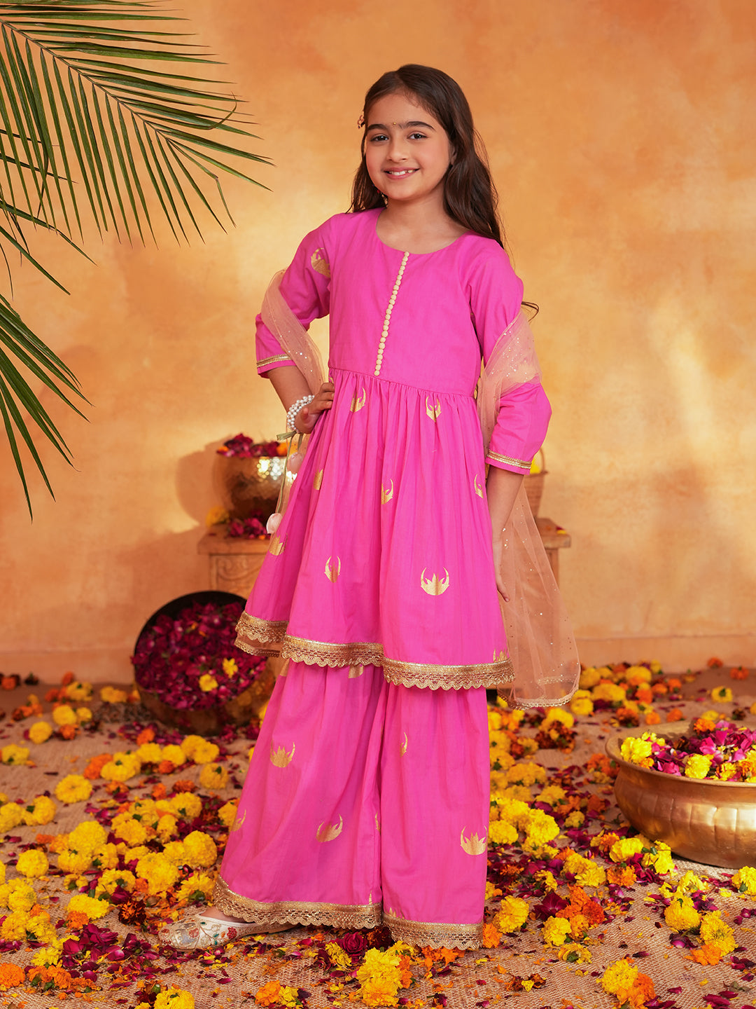 Pspeaches Girls Pink Ethnic Foil Print Cotton A-Line Kurta & Sharara With Dupatta ( Sku-Sha-Pinkmoon )