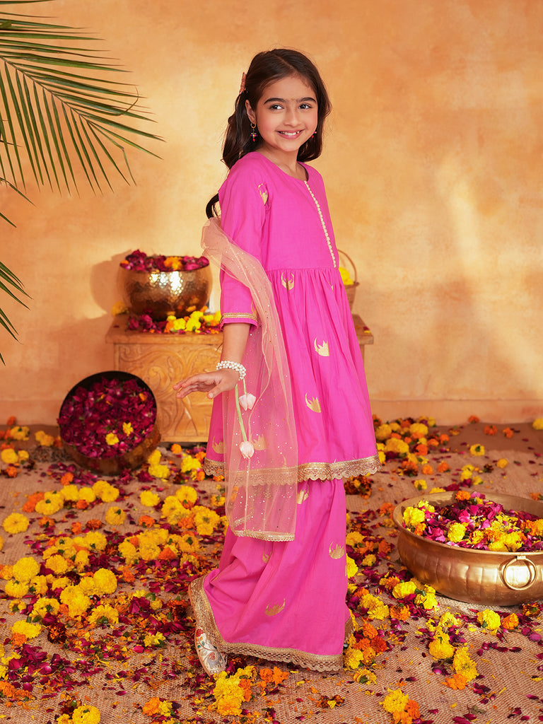 Pspeaches Girls Pink Ethnic Foil Print Cotton A-Line Kurta & Sharara With Dupatta ( Sku-Sha-Pinkmoon )
