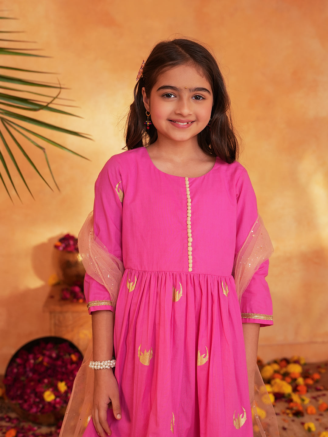 Pspeaches Girls Pink Ethnic Foil Print Cotton A-Line Kurta & Sharara With Dupatta ( Sku-Sha-Pinkmoon )
