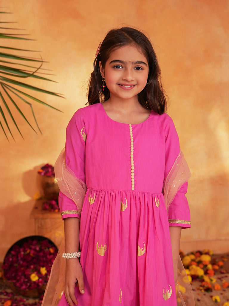 Pspeaches Girls Pink Ethnic Foil Print Cotton A-Line Kurta & Sharara With Dupatta ( Sku-Sha-Pinkmoon )