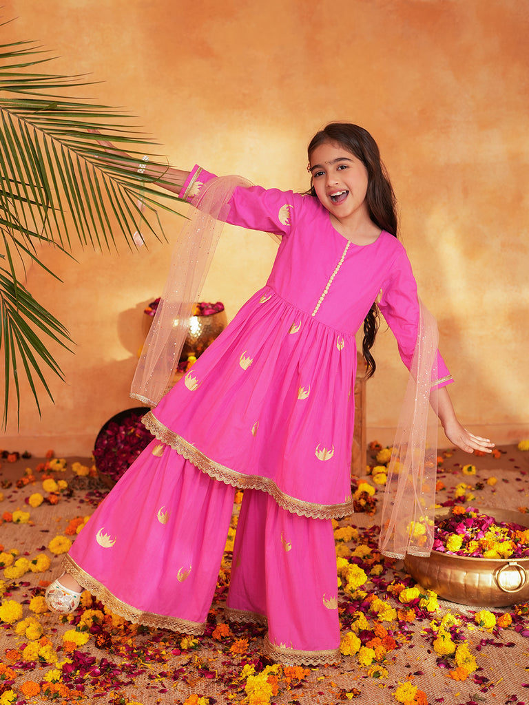 Pspeaches Girls Pink Ethnic Foil Print Cotton A-Line Kurta & Sharara With Dupatta ( Sku-Sha-Pinkmoon )