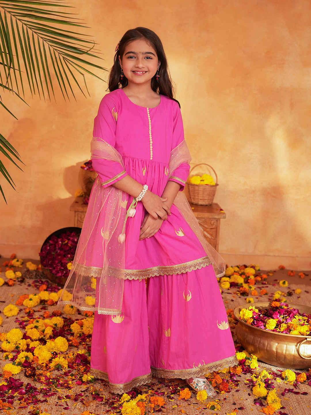 Pspeaches Girls Pink Ethnic Foil Print Cotton A-Line Kurta & Sharara With Dupatta ( Sku-Sha-Pinkmoon )