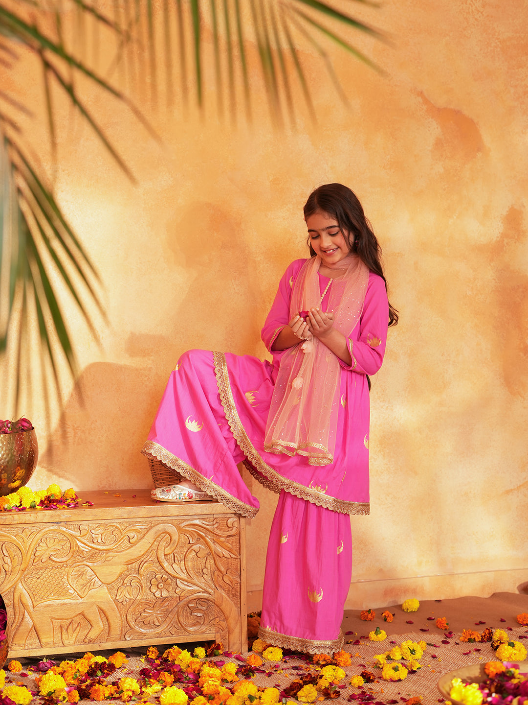 Pspeaches Girls Pink Ethnic Foil Print Cotton A-Line Kurta & Sharara With Dupatta ( Sku-Sha-Pinkmoon )