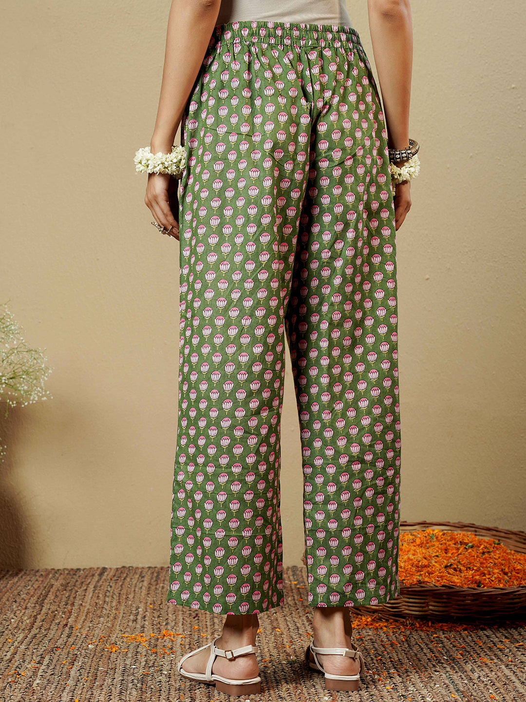 Green Lotus Embroidered Cotton Kurta Set