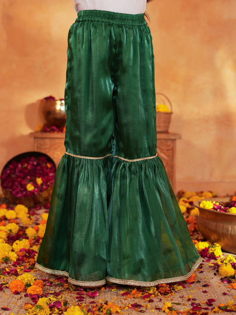 Pspeaches Girls White & Green Ethnic Foil Print Organza A-Line Kurta With Sharara & Dupatta ( SKU-Sha-foiloffwhite )