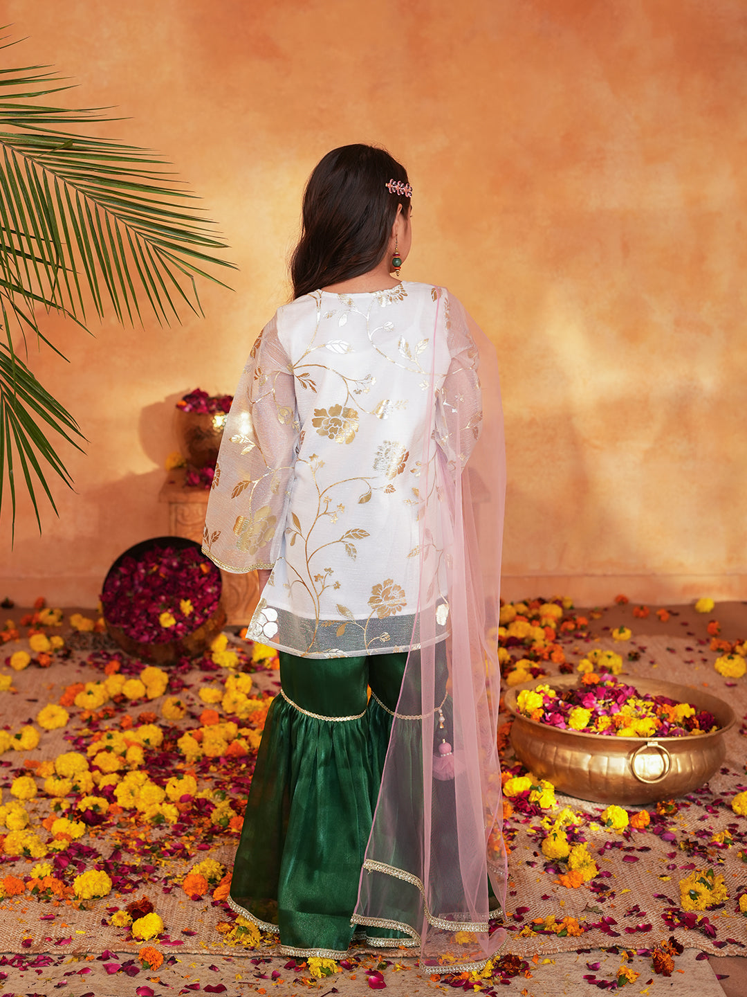 Pspeaches Girls White & Green Ethnic Foil Print Organza A-Line Kurta With Sharara & Dupatta ( SKU-Sha-foiloffwhite )