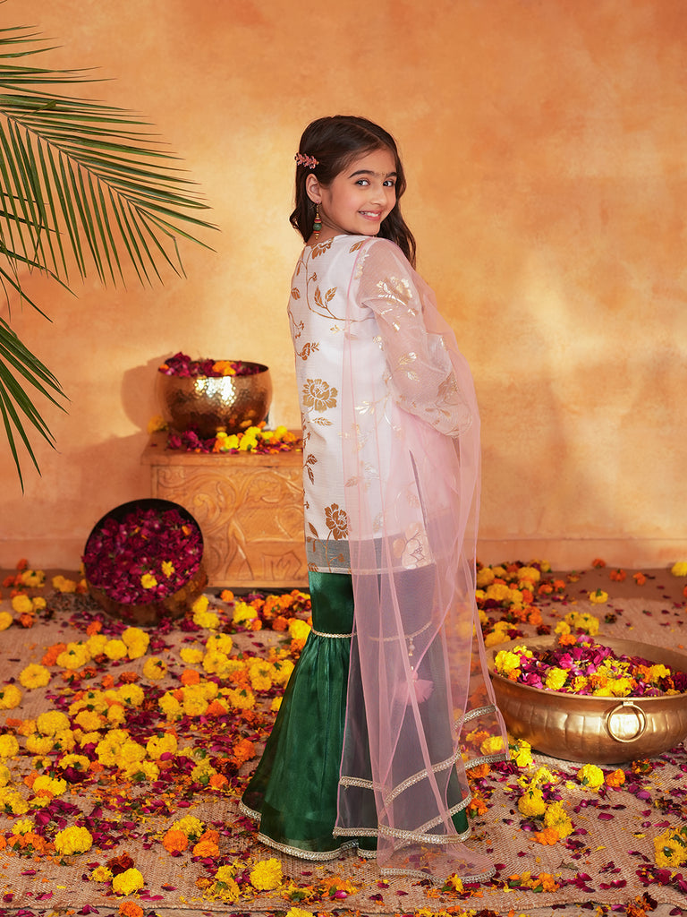 Pspeaches Girls White & Green Ethnic Foil Print Organza A-Line Kurta With Sharara & Dupatta ( SKU-Sha-foiloffwhite )
