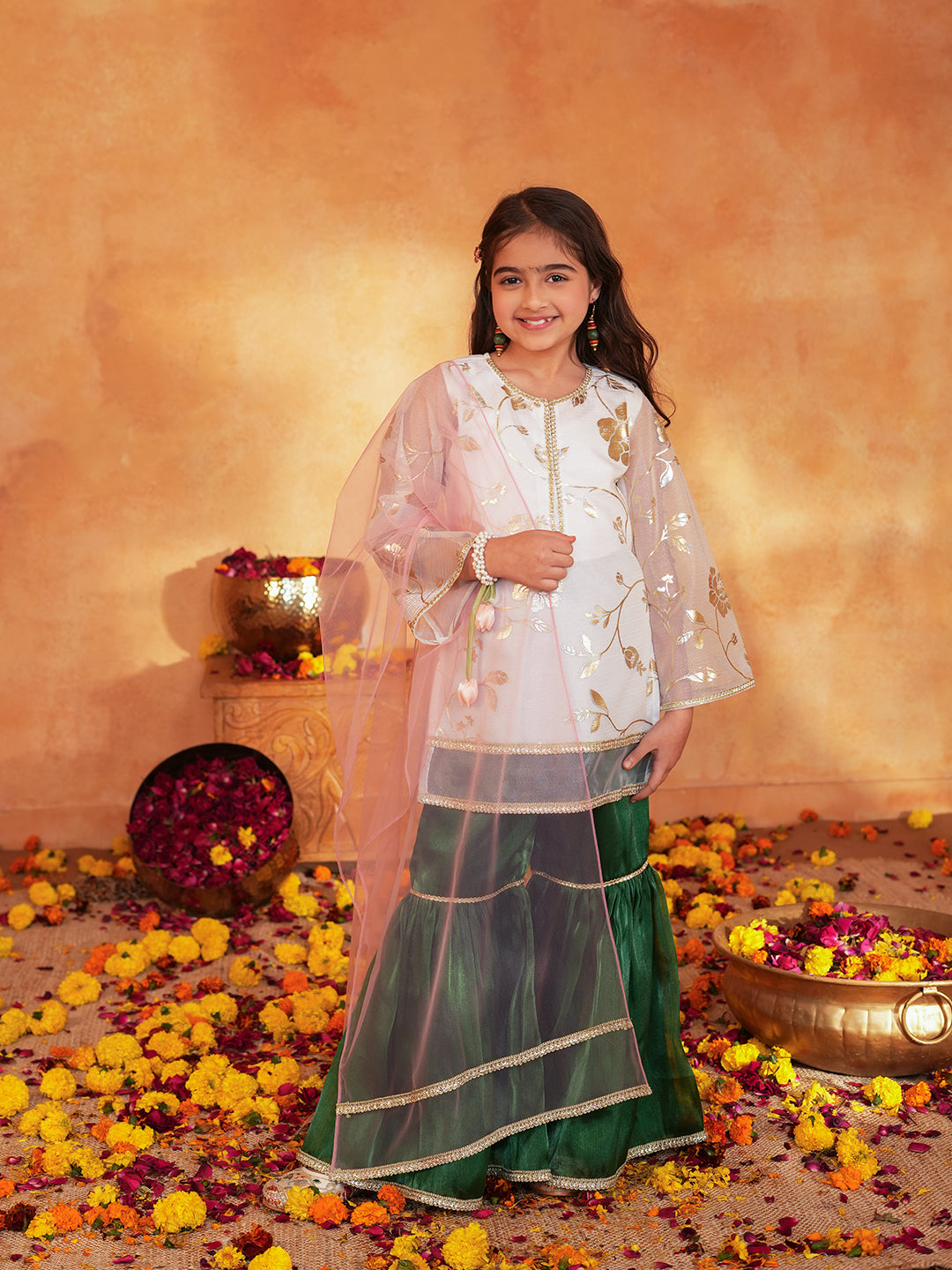 Pspeaches Girls White & Green Ethnic Foil Print Organza A-Line Kurta With Sharara & Dupatta ( SKU-Sha-foiloffwhite )