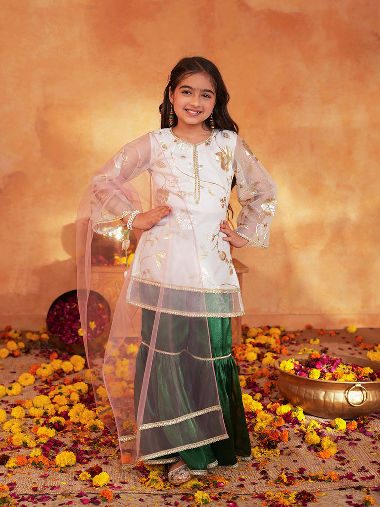 Pspeaches Girls White & Green Ethnic Foil Print Organza A-Line Kurta With Sharara & Dupatta ( SKU-Sha-foiloffwhite )