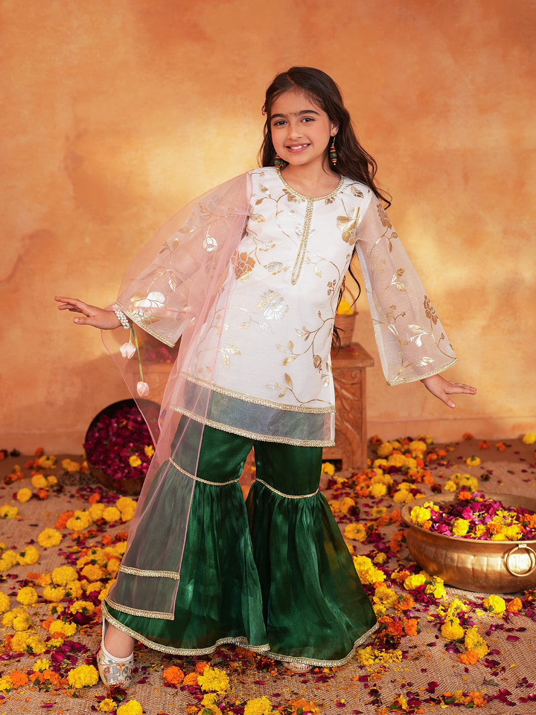 Pspeaches Girls White & Green Ethnic Foil Print Organza A-Line Kurta With Sharara & Dupatta ( SKU-Sha-foiloffwhite )