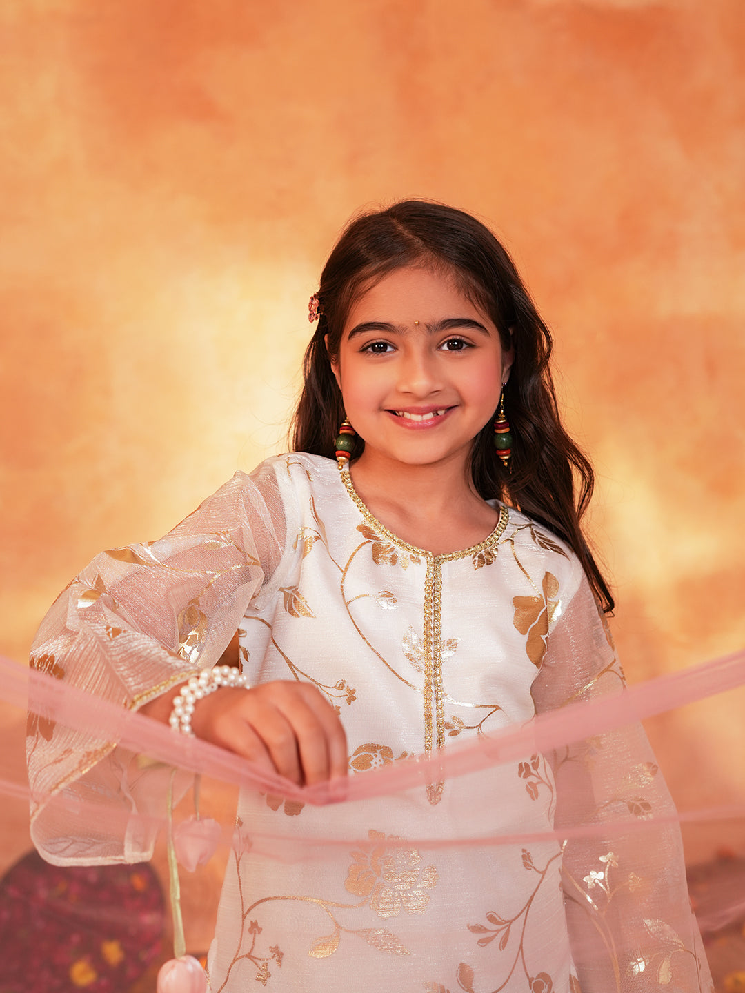 Pspeaches Girls White & Green Ethnic Foil Print Organza A-Line Kurta With Sharara & Dupatta ( SKU-Sha-foiloffwhite )