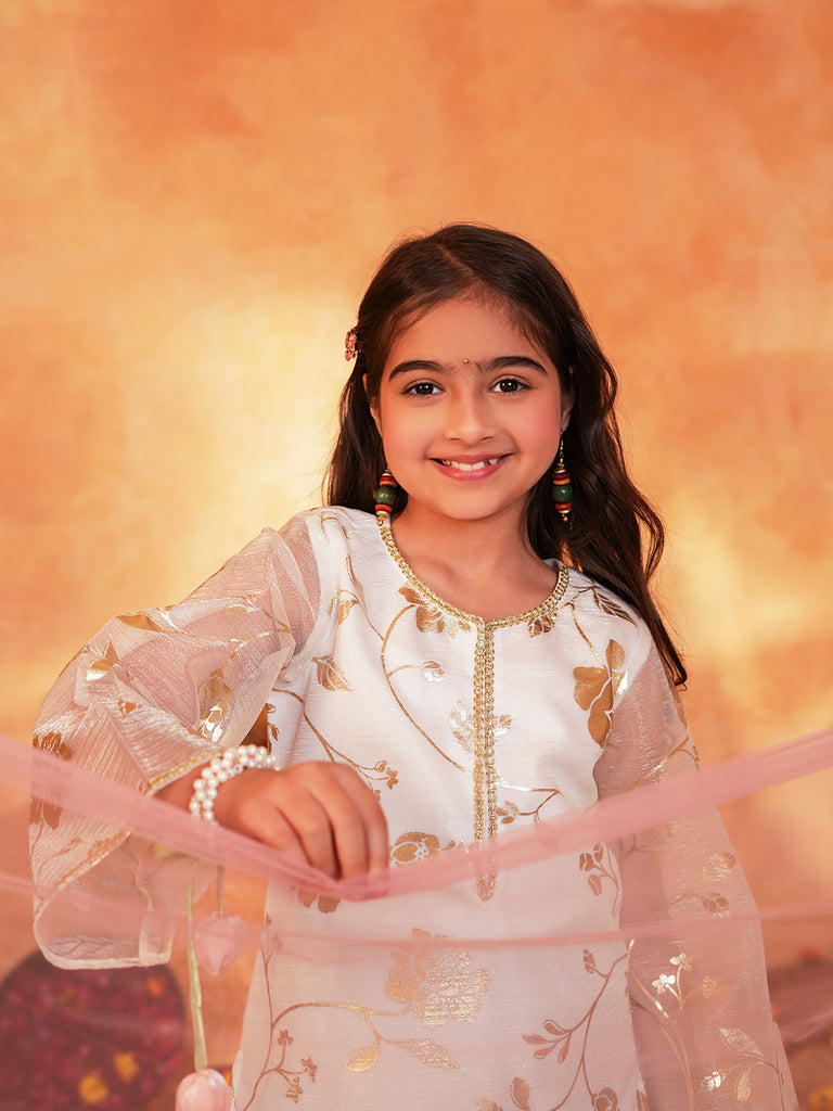 Pspeaches Girls White & Green Ethnic Foil Print Organza A-Line Kurta With Sharara & Dupatta ( SKU-Sha-foiloffwhite )