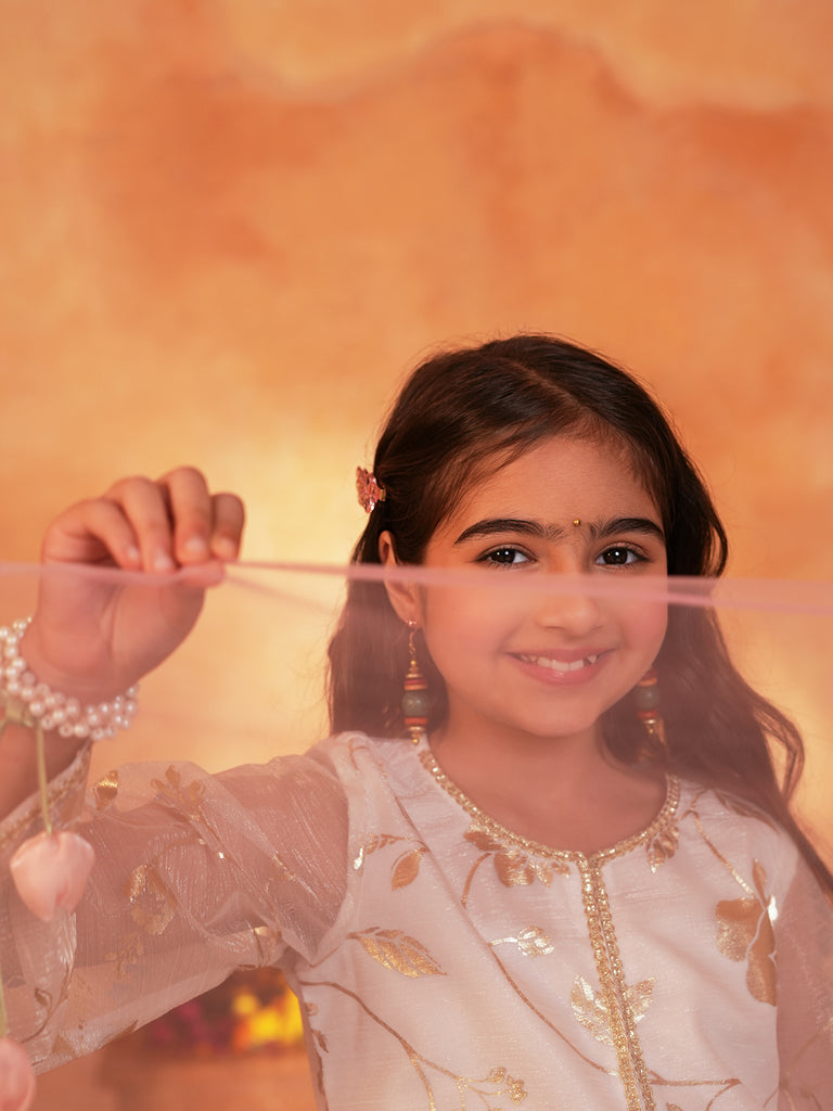 Pspeaches Girls White & Green Ethnic Foil Print Organza A-Line Kurta With Sharara & Dupatta ( SKU-Sha-foiloffwhite )