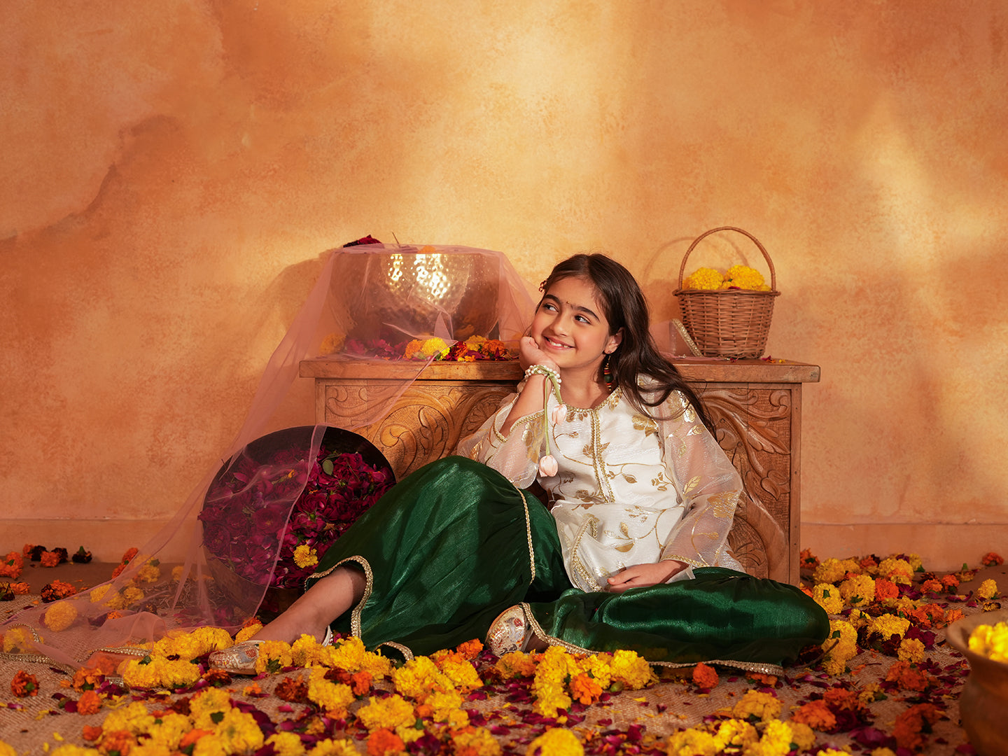 Pspeaches Girls White & Green Ethnic Foil Print Organza A-Line Kurta With Sharara & Dupatta ( SKU-Sha-foiloffwhite )