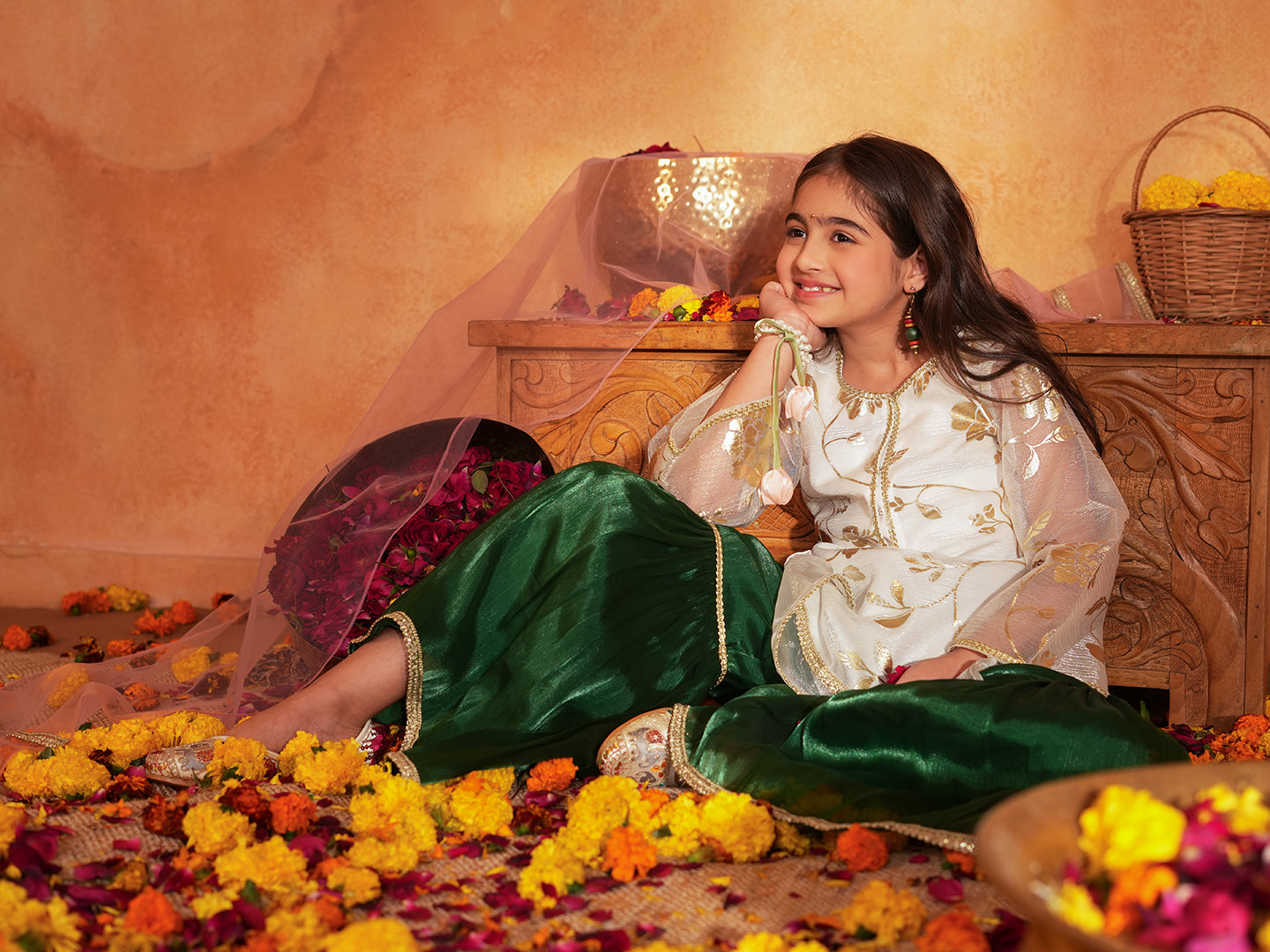 Pspeaches Girls White & Green Ethnic Foil Print Organza A-Line Kurta With Sharara & Dupatta ( SKU-Sha-foiloffwhite )