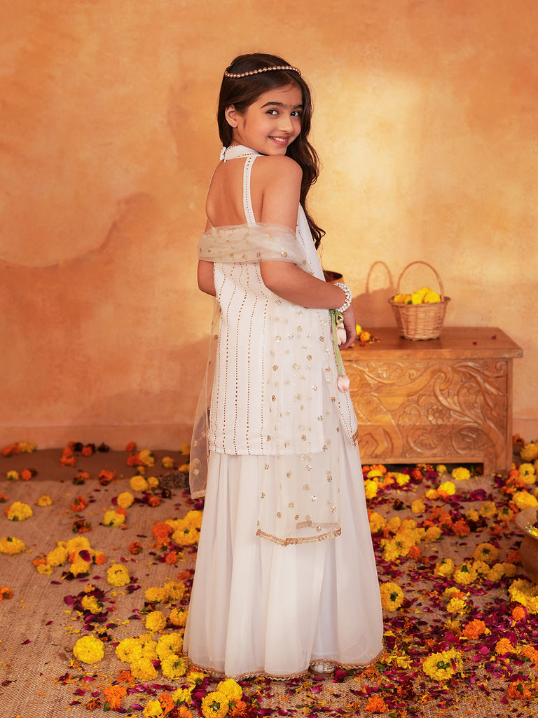 Pspeaches Girls White Ethnic Mukaish Print Georgette A-Line Kurta & Sharara With Dupatta ( Sku-Sha-Offwhiteggt )