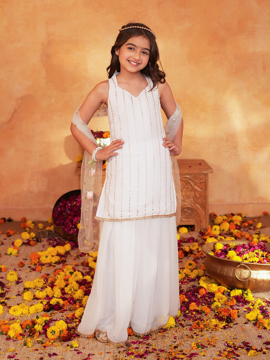 Pspeaches Girls White Ethnic Mukaish Print Georgette A-Line Kurta & Sharara With Dupatta ( Sku-Sha-Offwhiteggt )
