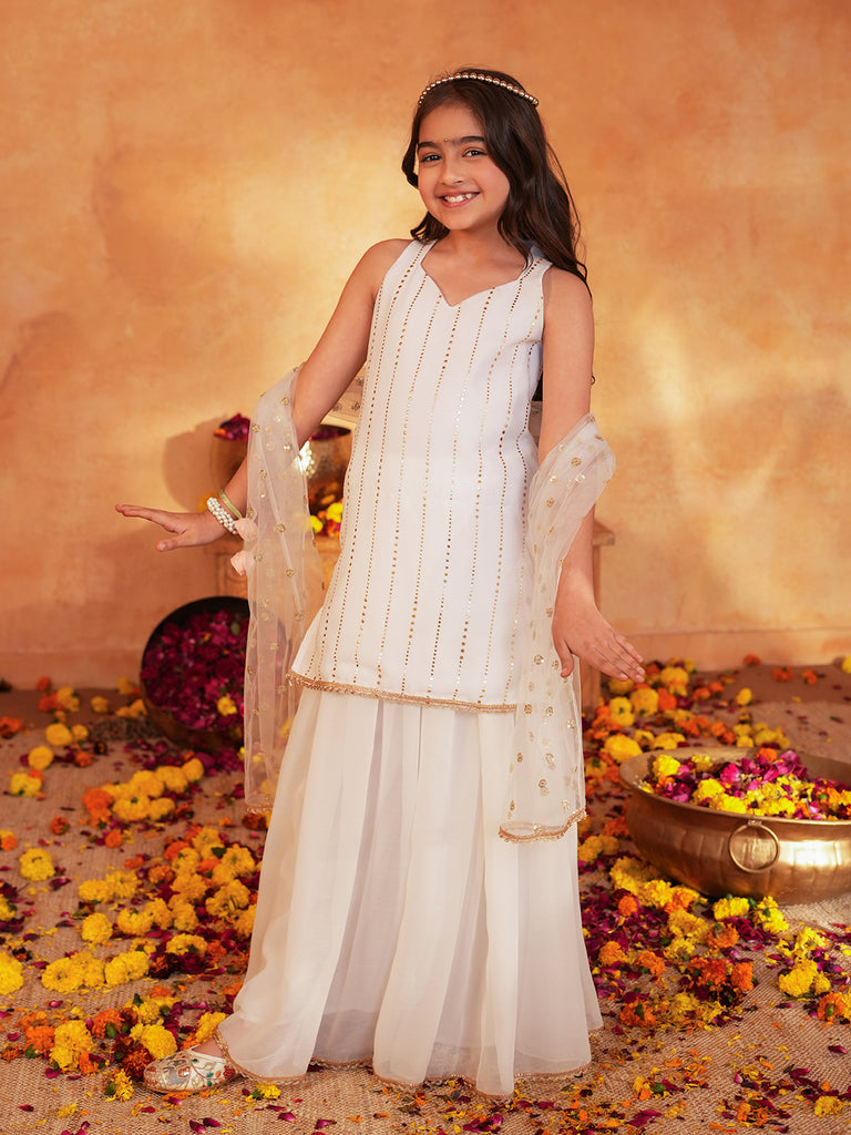 Pspeaches Girls White Ethnic Mukaish Print Georgette A-Line Kurta & Sharara With Dupatta ( Sku-Sha-Offwhiteggt )