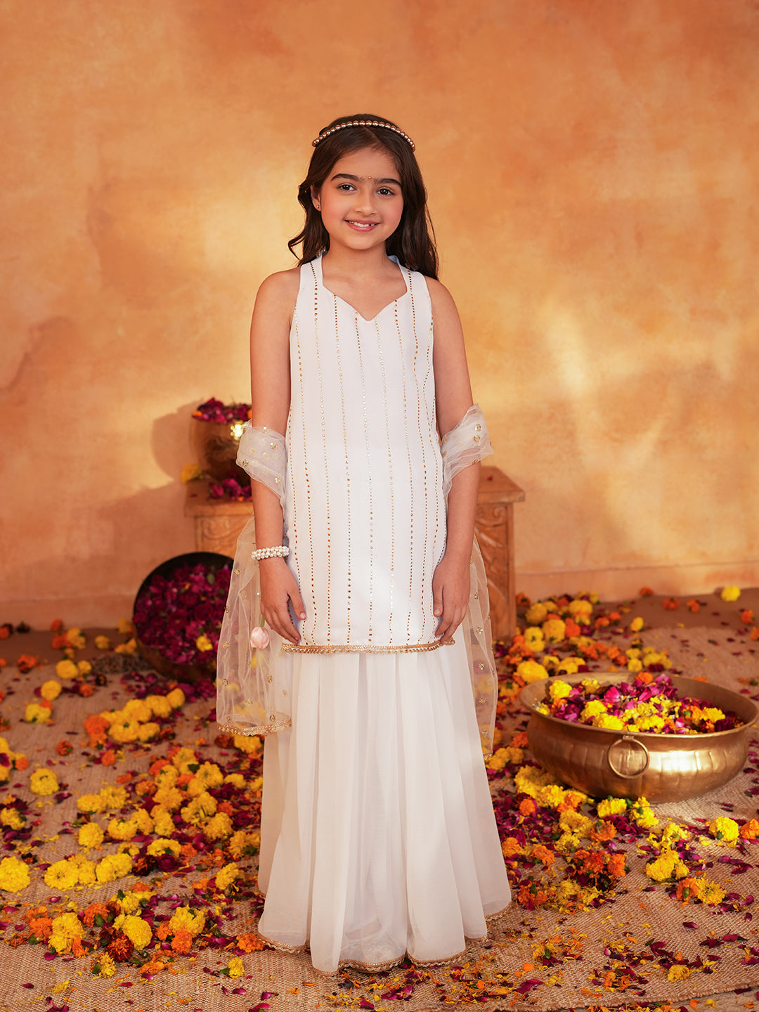 Pspeaches Girls White Ethnic Mukaish Print Georgette A-Line Kurta & Sharara With Dupatta ( Sku-Sha-Offwhiteggt )