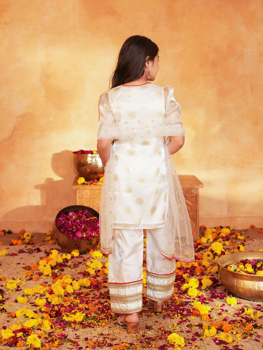 Pspeaches Girls Off-White Ethnic Foil Print Organza pakistani A-Line Kurta & farsi Pant With Dupatta ( Sku-Ks-Offwhitedupion )