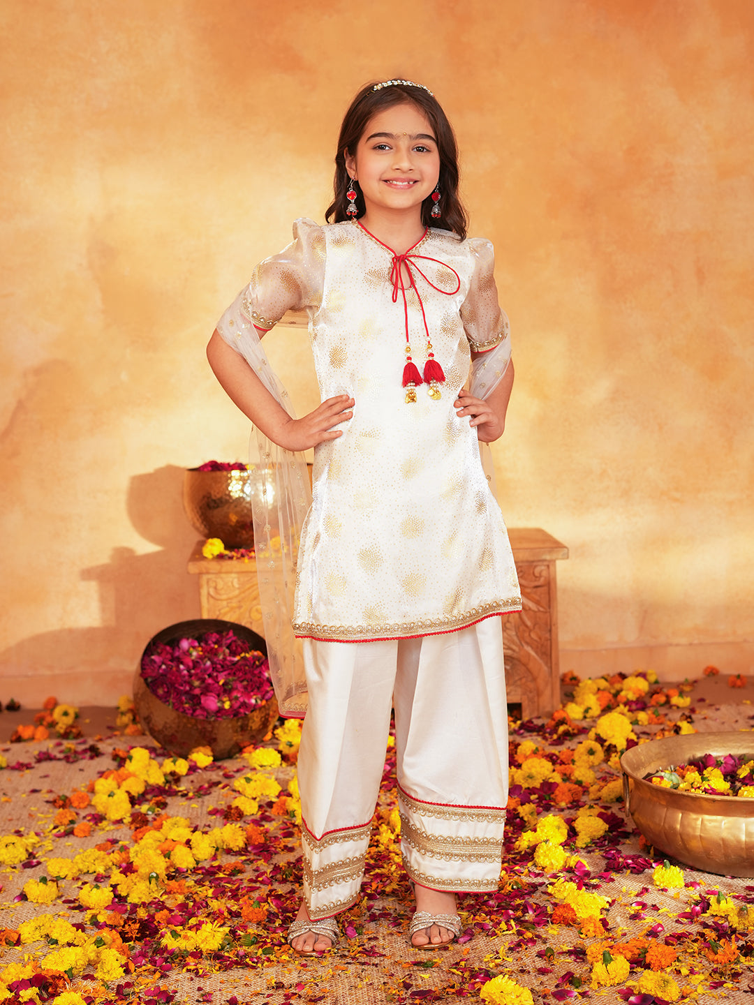 Pspeaches Girls Off-White Ethnic Foil Print Organza pakistani A-Line Kurta & farsi Pant With Dupatta ( Sku-Ks-Offwhitedupion )
